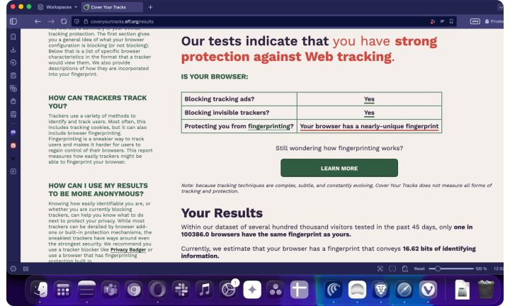 Résultat de l'exécution de l'outil EFF Couvrir votre traces.