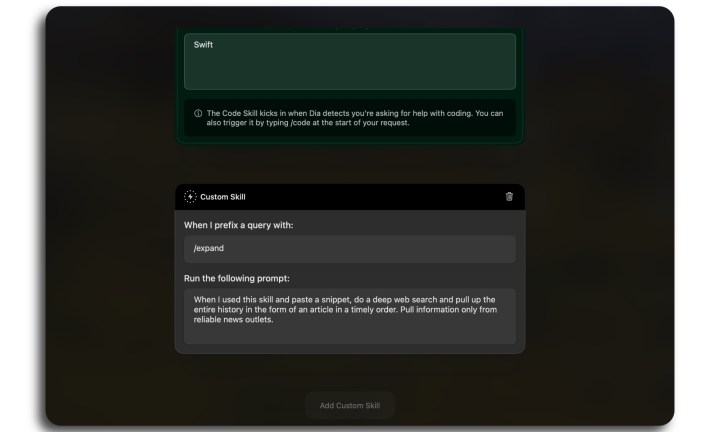 Création d'une compétence dans le navigateur Dia.