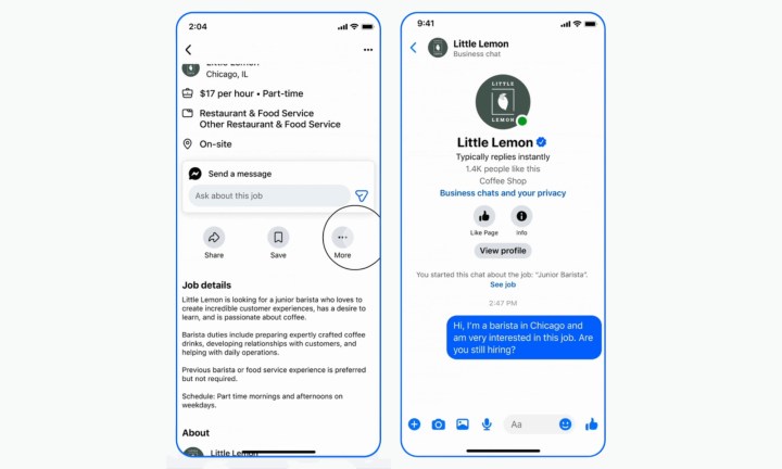 Captures d'écran de la fonctionnalité du site d'emploi de Facebook Marketplace en action.