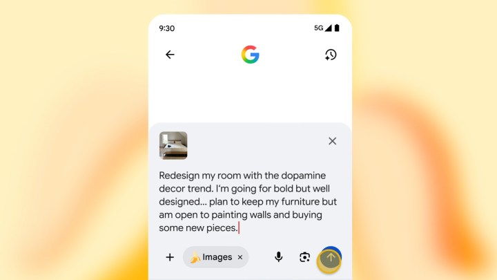 Interface Nano Banana avec une invite demandant des conseils de redécoration.