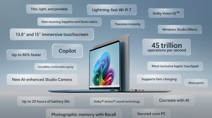 Un graphique du Surface Laptop avec les nombreuses fonctionnalités répertoriées.
