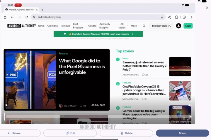 Capture d'écran de la nouvelle interface de l'application d'enregistrement d'écran Android montrant la barre d'outils inférieure.