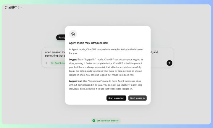 Avertissement du mode agent dans le navigateur ChatGPT Atlas