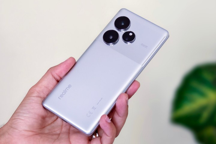Téléphone Android Realme GT 6 de couleur argent tenu à la main devant une feuille et un mur blanc cassé.