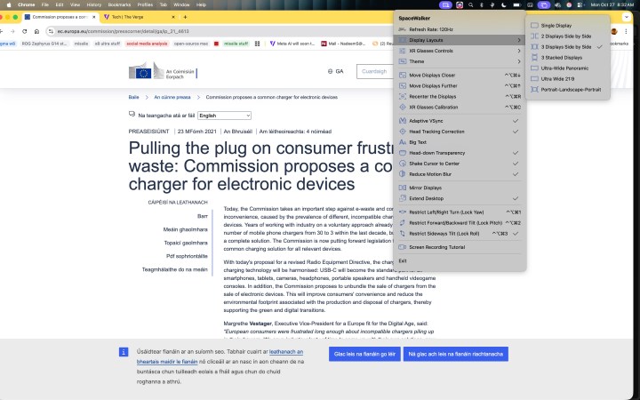Commandes dans l'application Space Walker pour les lunettes Viture Luma Pr XR