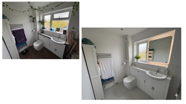 Photos avant et après de la salle de bain côte à côte