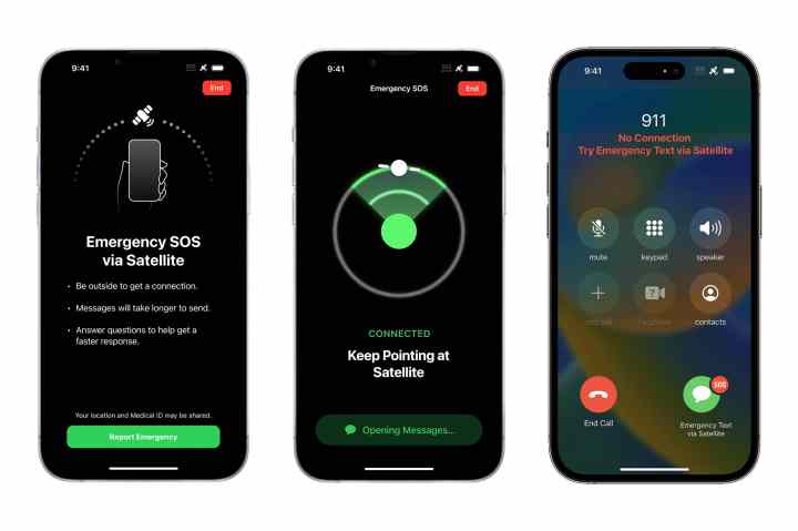 Trois iPhones affichant la fonction SOS d'urgence via satellite.