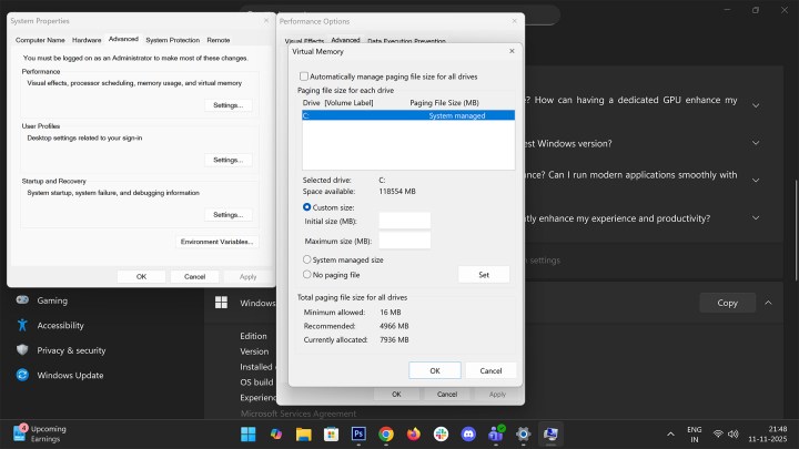Paramètres de mémoire virtuelle sous Windows 11