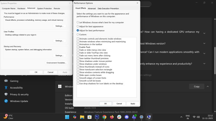 Paramètre de performances visuelles sur Windows 11
