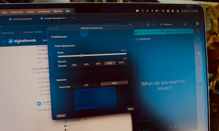 - Panneau SideTab ouvert sur un MacBook Air