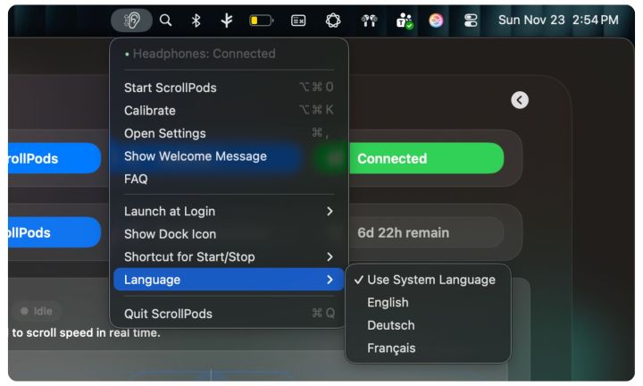 Paramètres de l'application ScrollPods sur Mac.