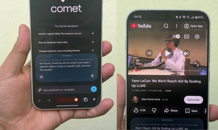 Navigateur Perplexity Comet sur Android pour trouver des vidéos sur YouTube.