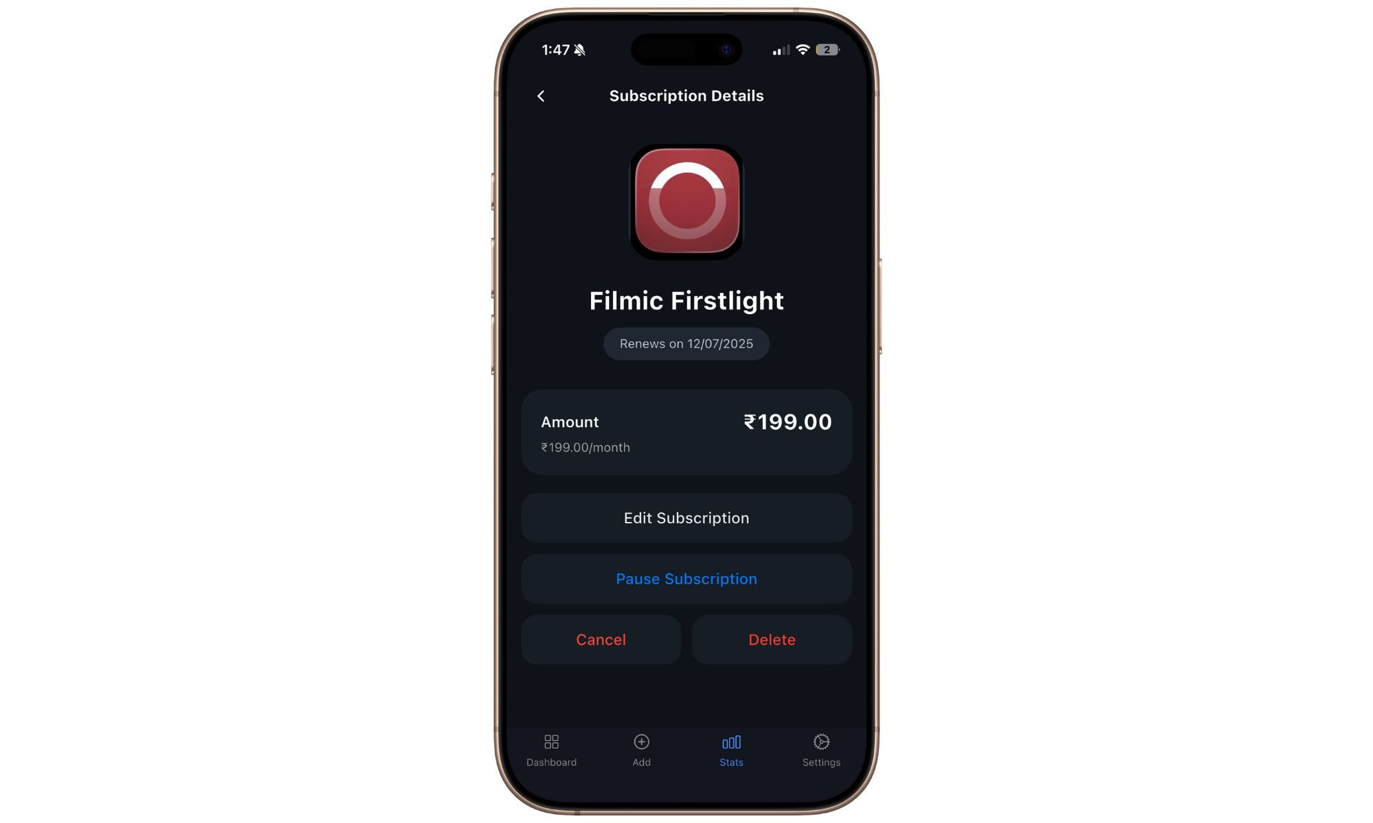 Détails de l'abonnement dans l'application Subpli