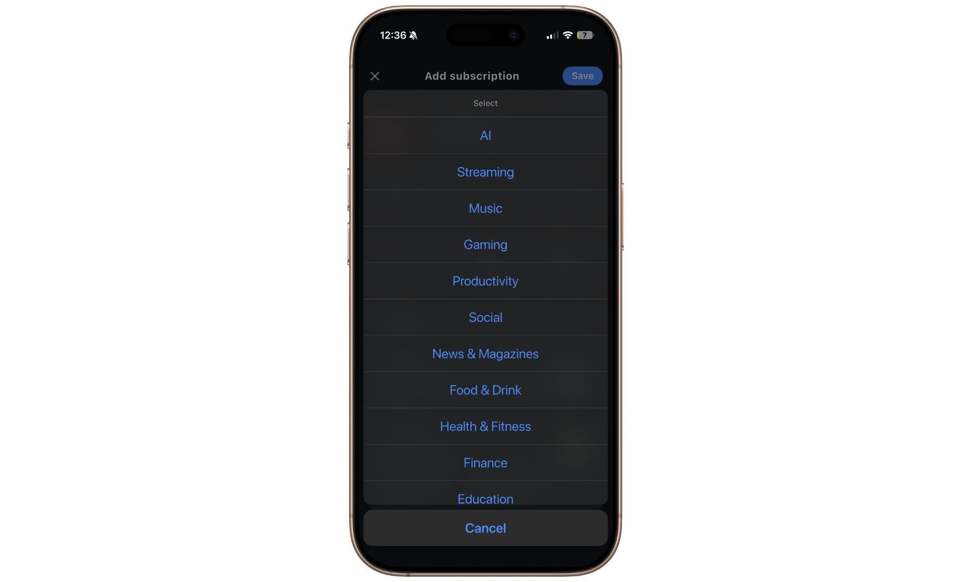 Catégories dans l'application Subpli