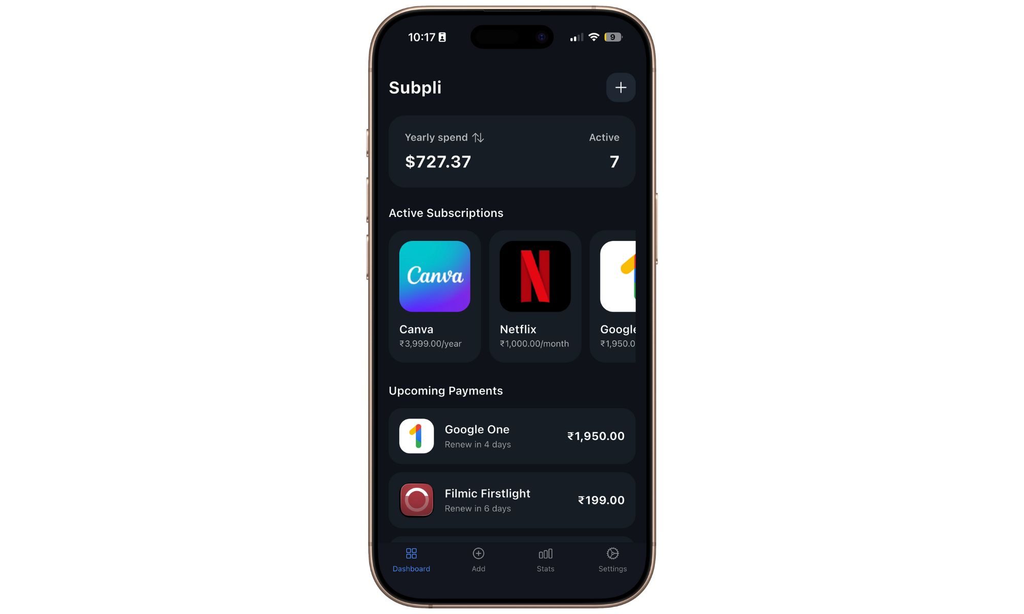 abonnements à l'application sur l'application Subpli