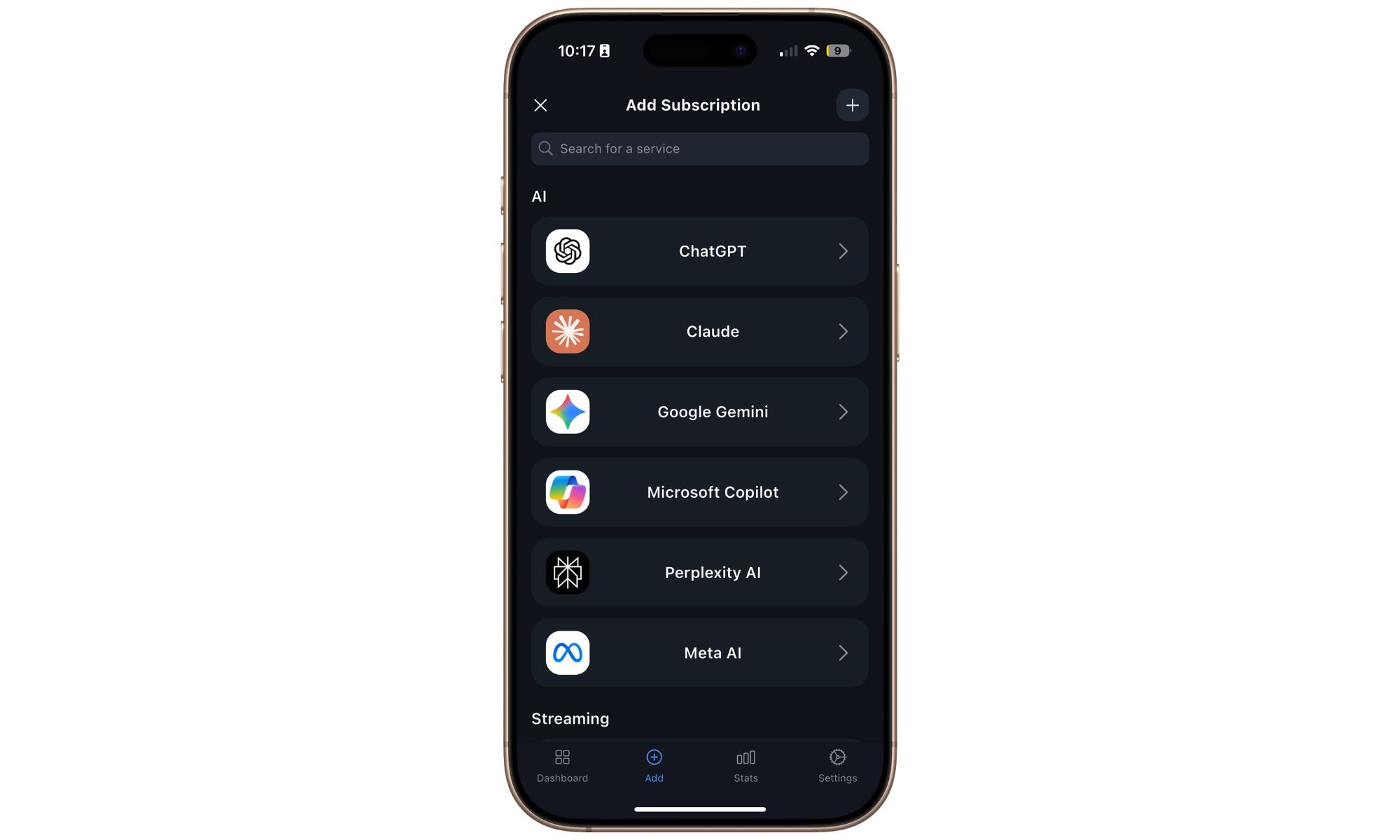 Liste des applications sur l'application Subpli