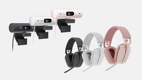 Trois webcams Brio 500 en noir, blanc et rose et trois écouteurs Zone Vibe des mêmes couleurs