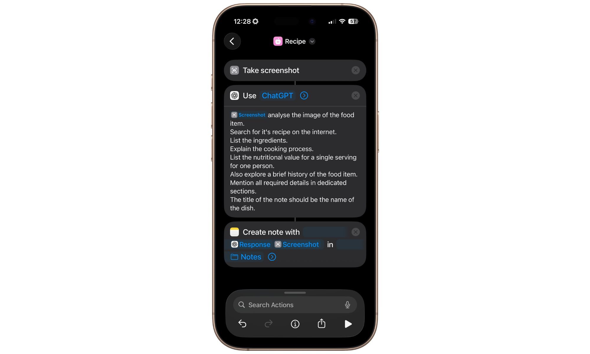 Configuration d'un raccourci de recette sur iPhone 17 Pro.
