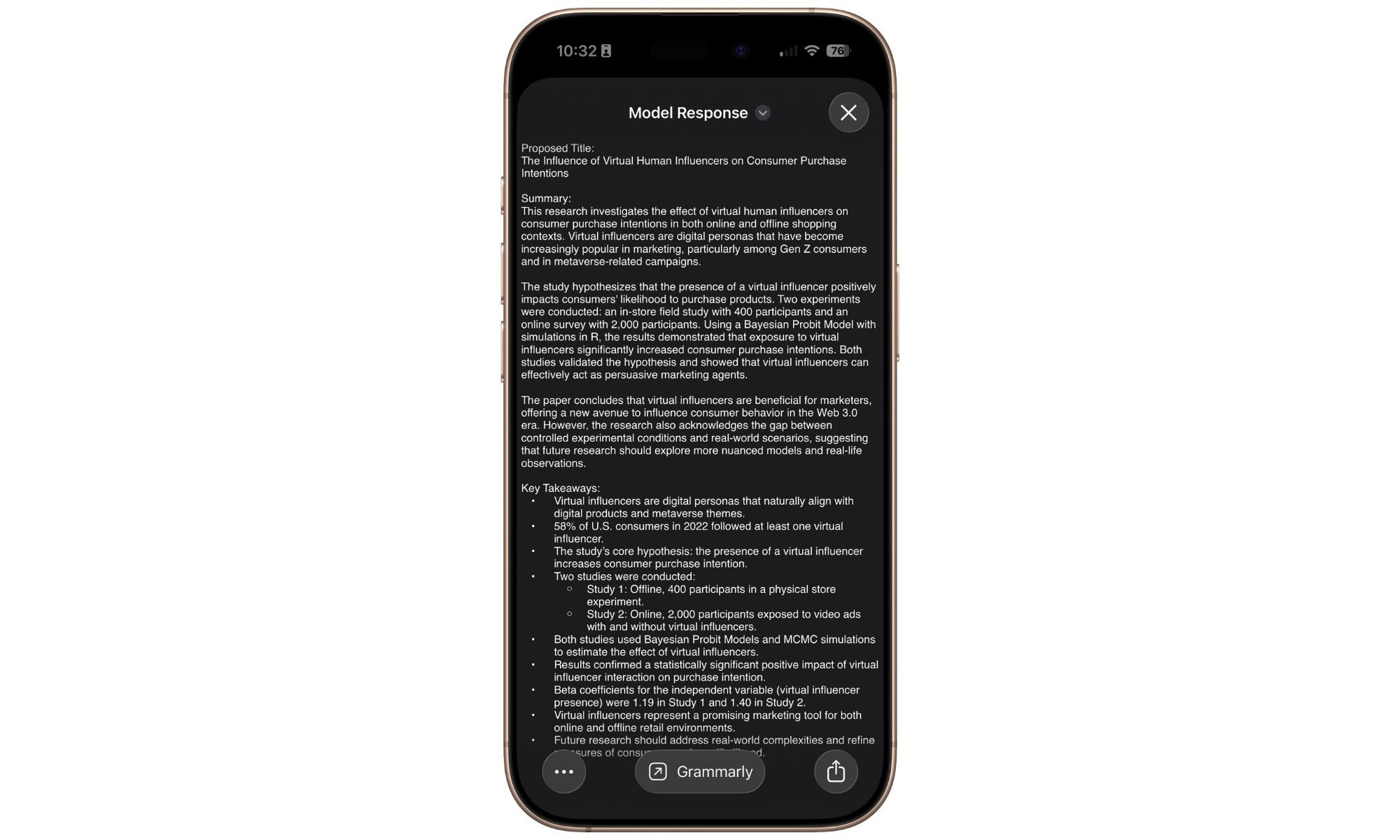 Réponse d'un raccourci sur iPhone 17 Pro.