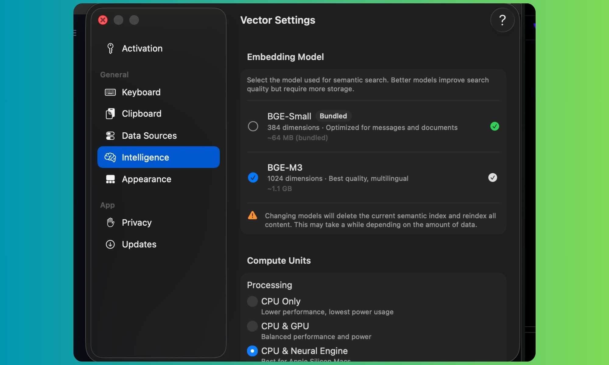 Options de paramètres dans l'application Vector pour Mac.