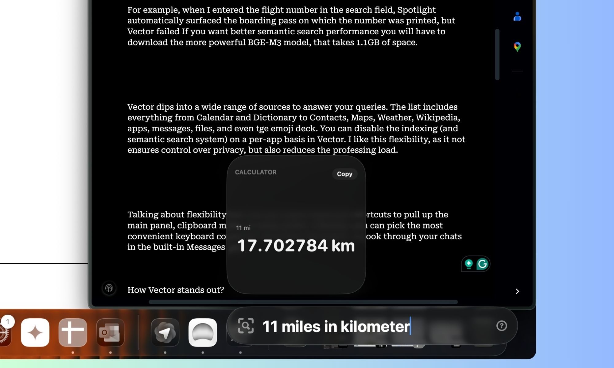 Conversion d'unités dans l'application Vector pour Mac.