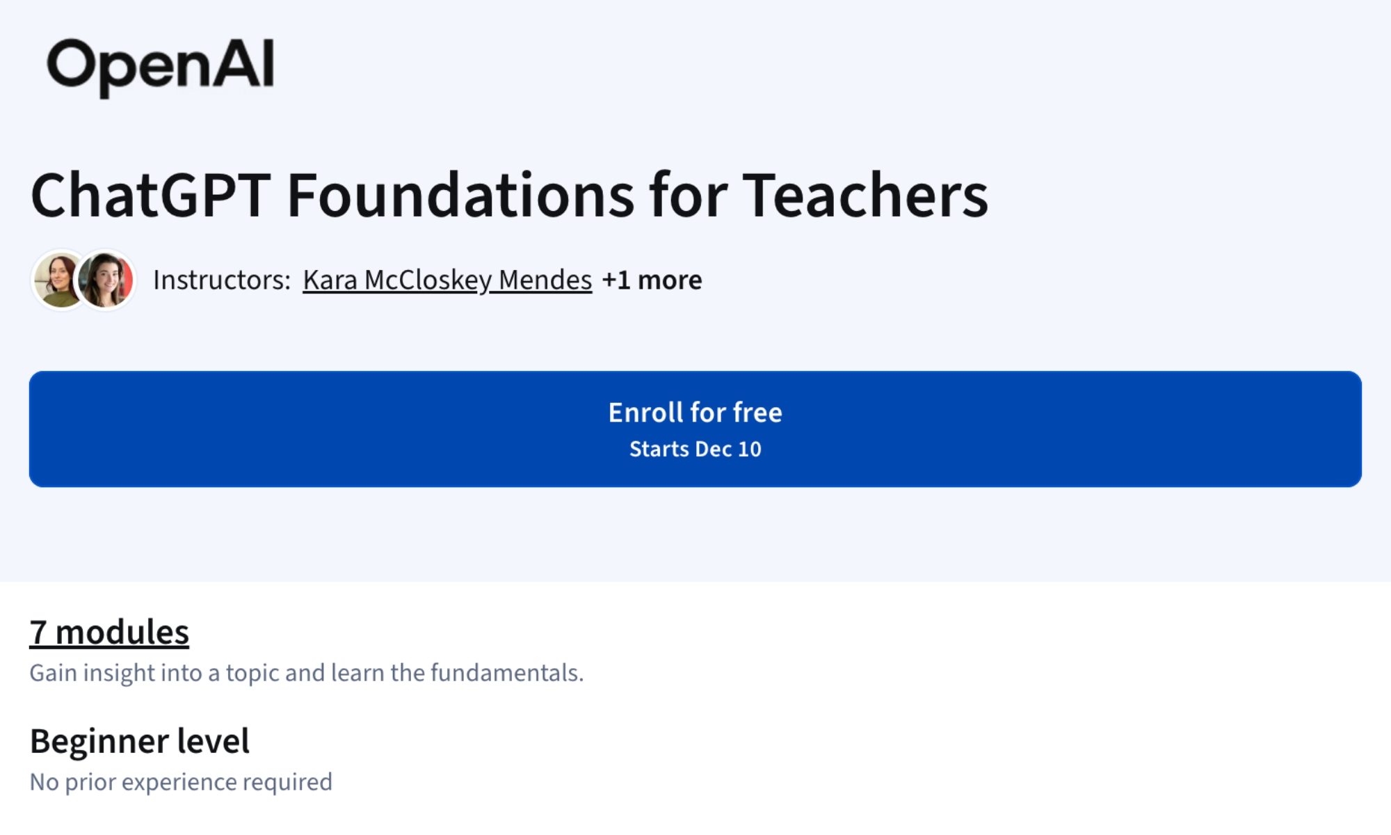 Capture d'écran des fondations ChatGPT pour les enseignants Coursera.