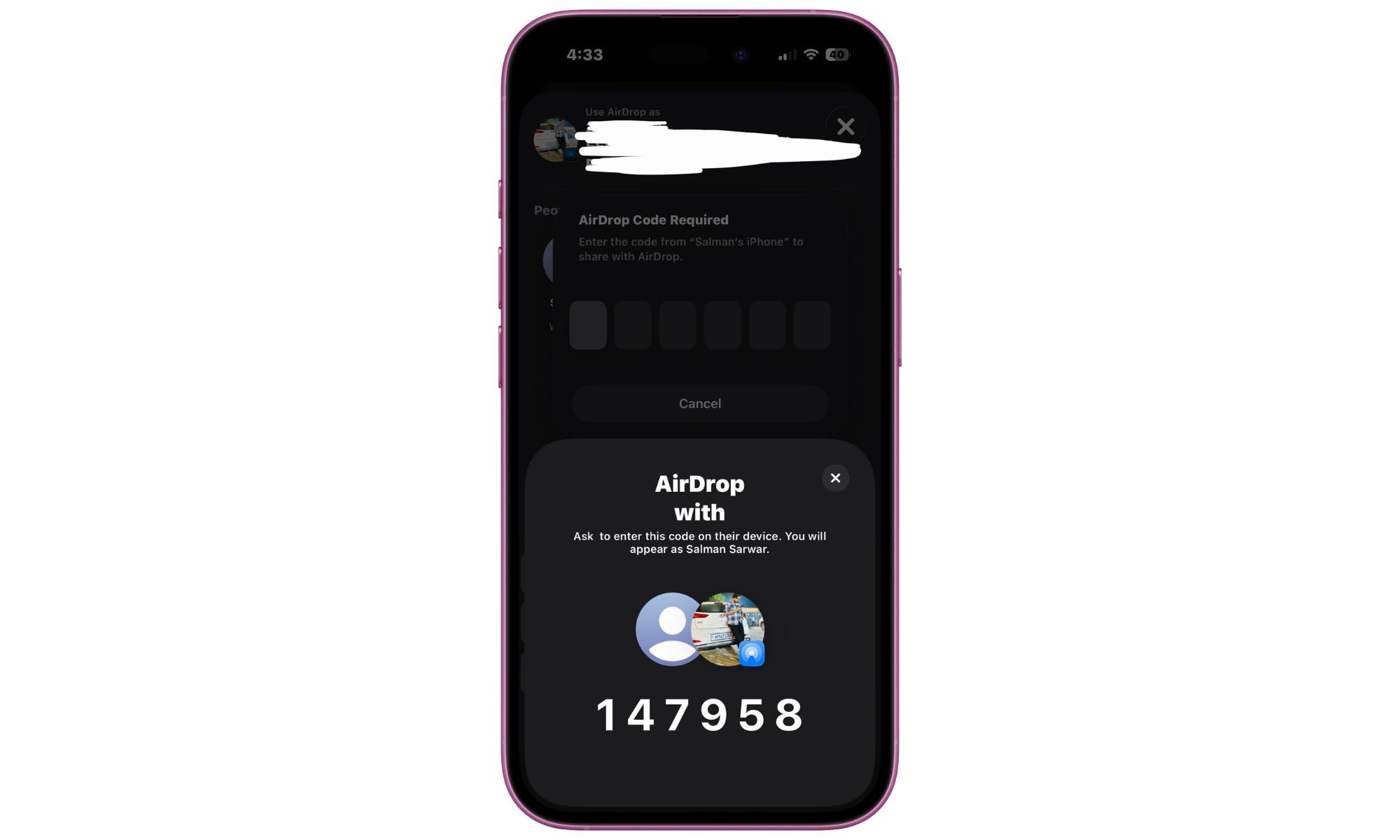 Affichage du code AirDrop sur un iPhone exécutant la mise à jour iOS 26.2.