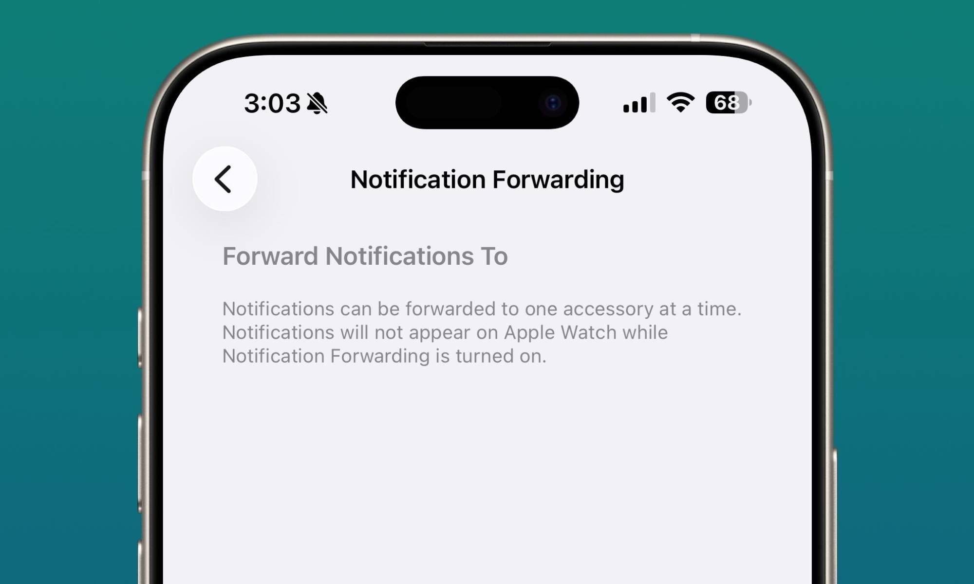 Capture d'écran du transfert de notification iOS 26.3 sur fond bleu.