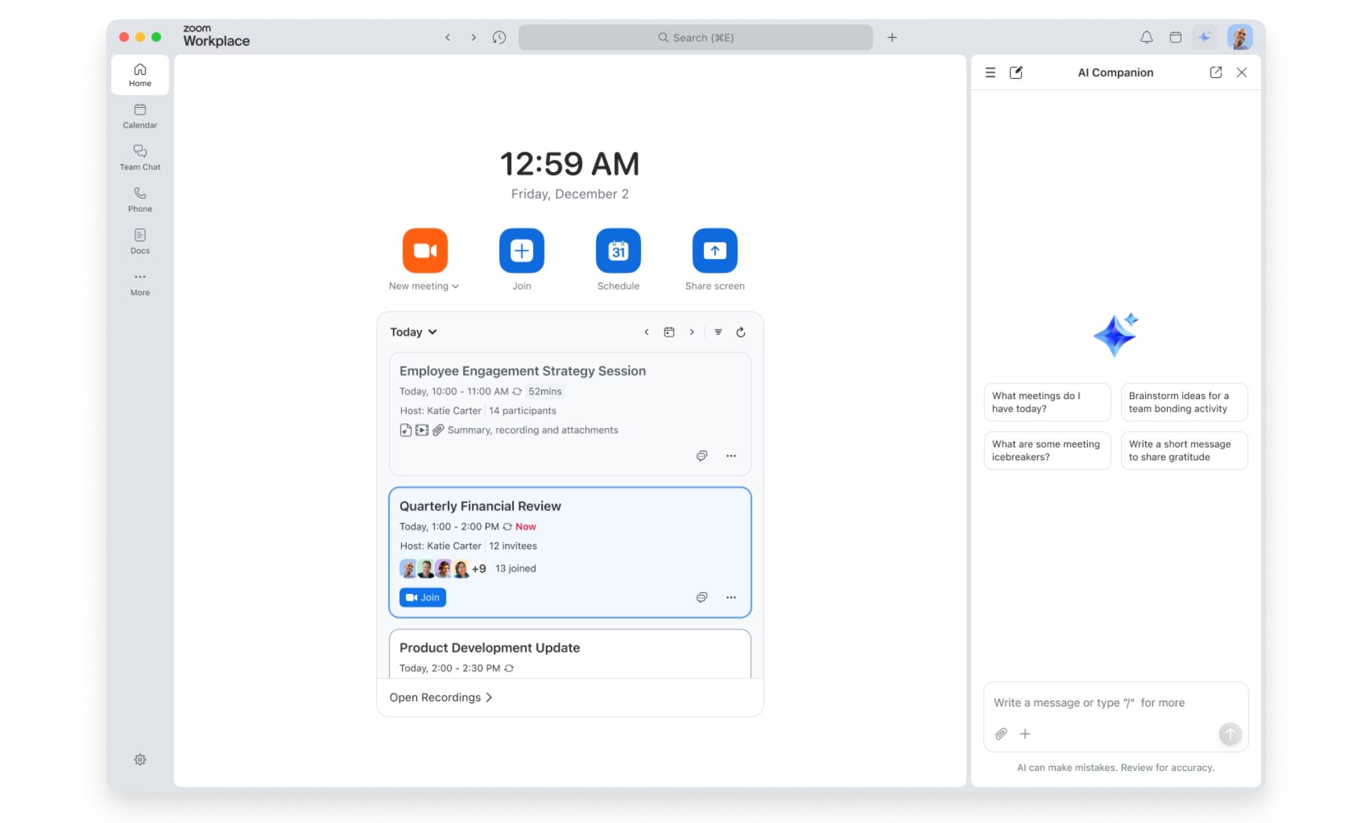 Nouvelle barre latérale Zoom AI Companion sur l’interface Web.