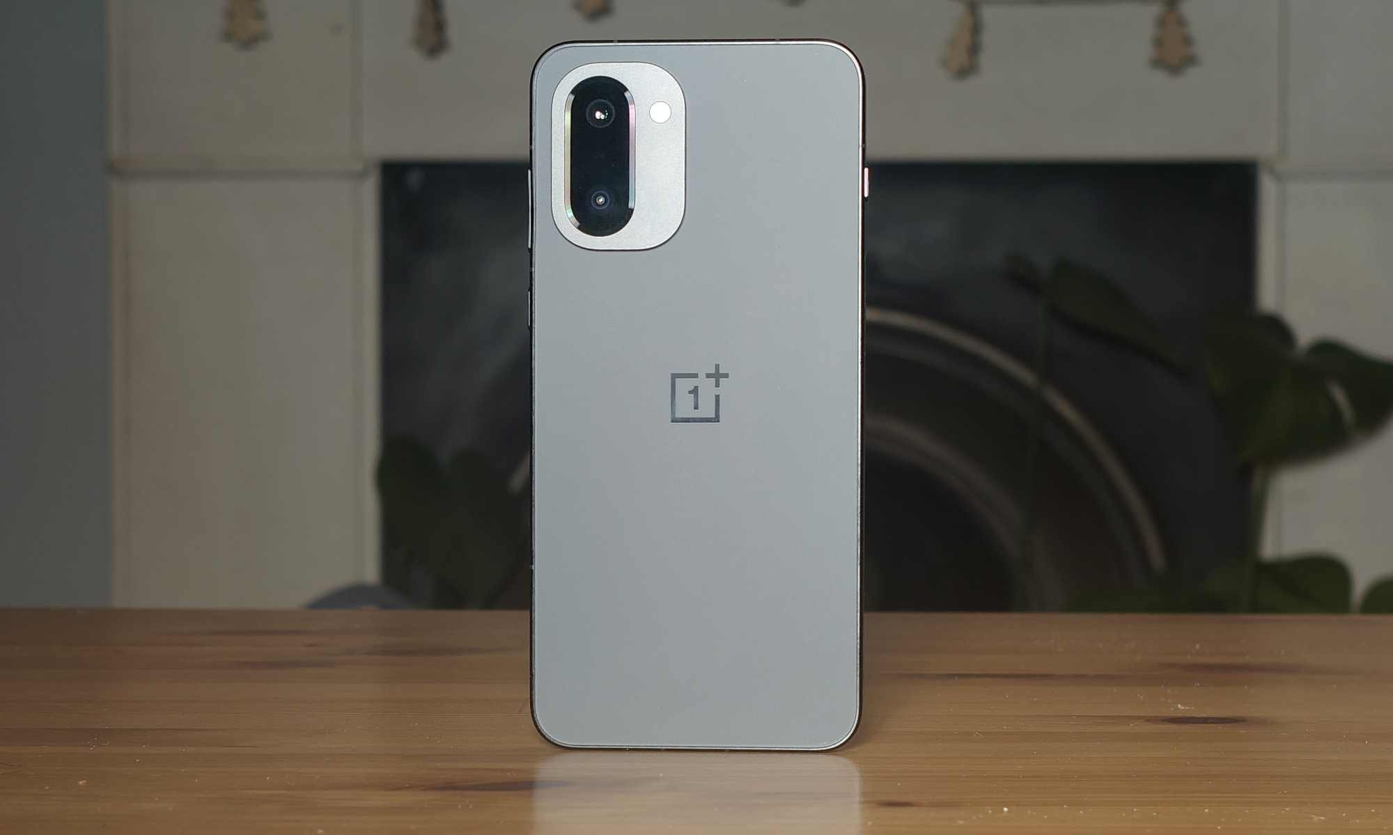 L'arrière du OnePlus 15R, appuyé sur une table en bois.
