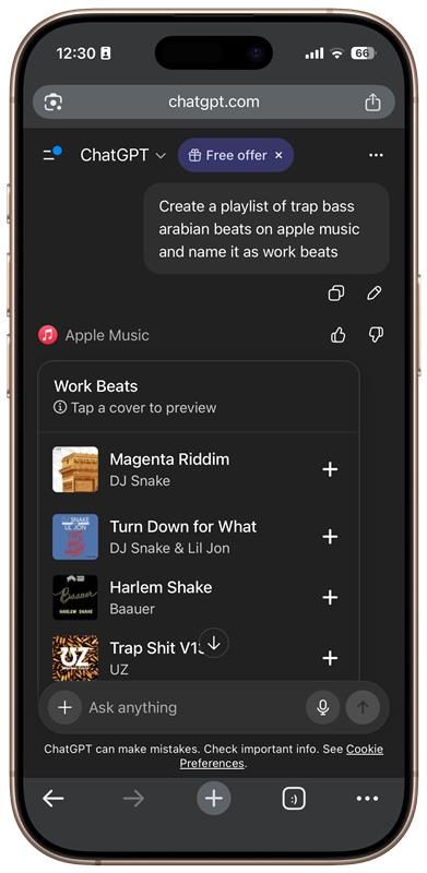 Capture d'écran montrant l'application Apple Music dans ChatGPT.