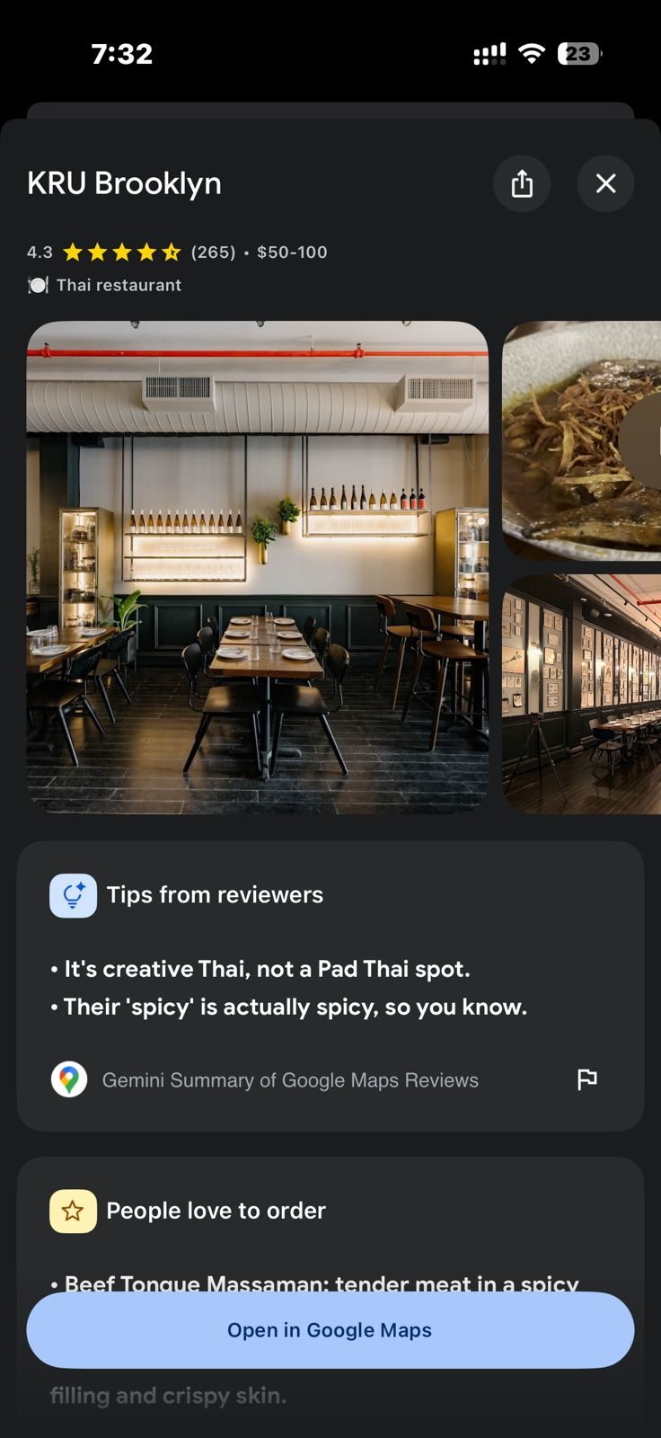 Capture d'écran montrant la nouvelle intégration Gemini de Google Maps pour les recommandations de restaurants.