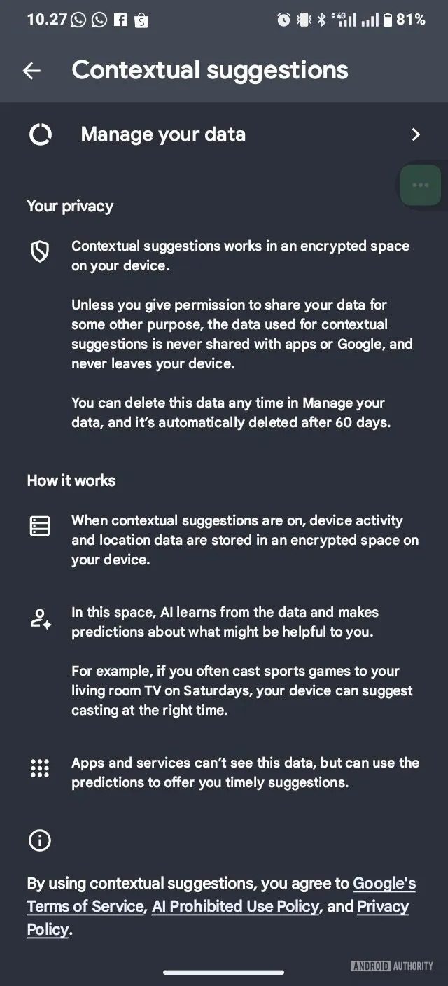 Capture d'écran de la prochaine fonctionnalité de suggestions contextuelles d'Android.