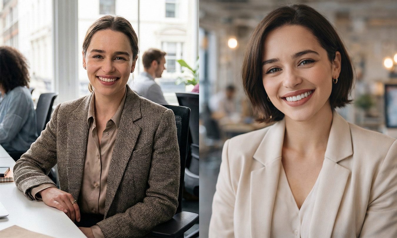 Emilia Clarke AI a généré une image de stock. Gemini / Nano Banana est à gauche
