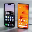 iPhone and Android phone on a white table