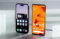 iPhone and Android phone on a white table