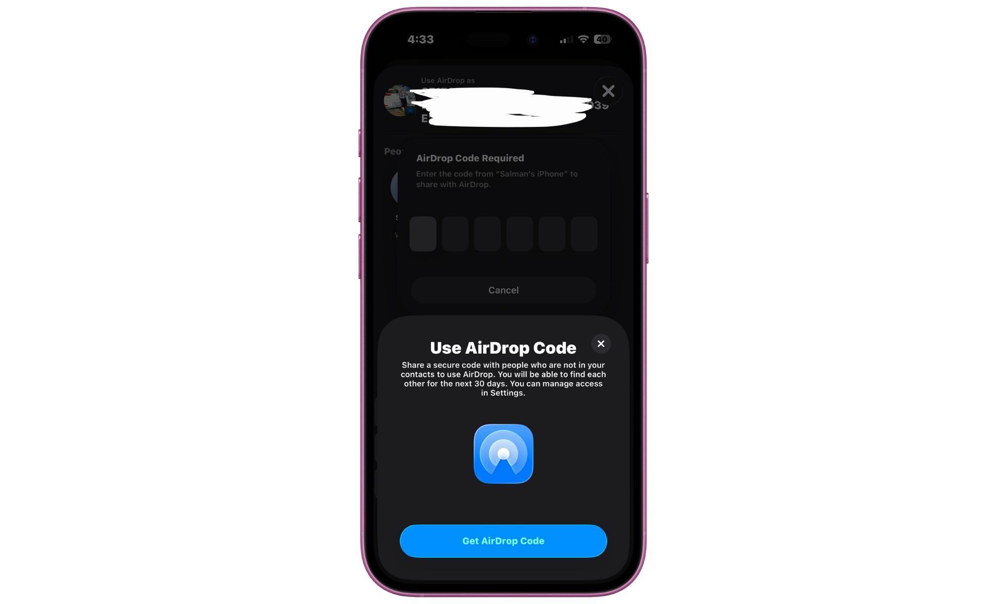 Génération de code AirDrop sur un iPhone exécutant la mise à jour iOS 26.2.