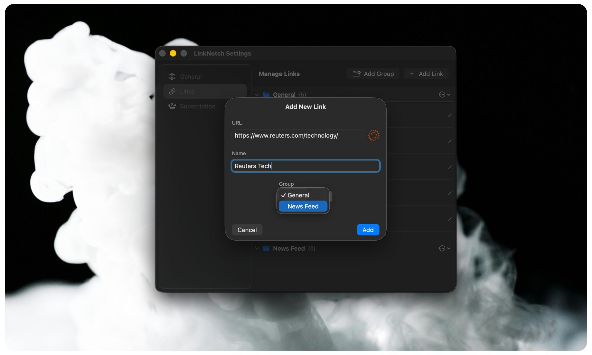 Exécution de l'application LinkNotch sur Mac.