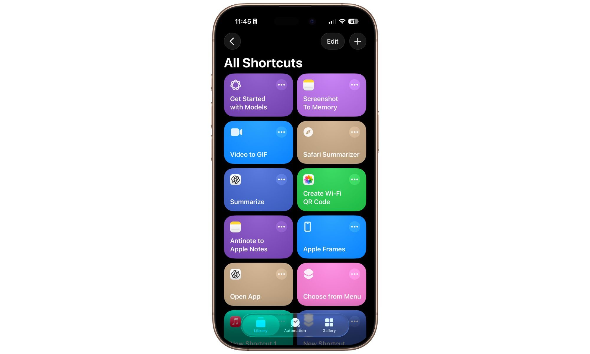 Page d’accueil des raccourcis sur iPhone