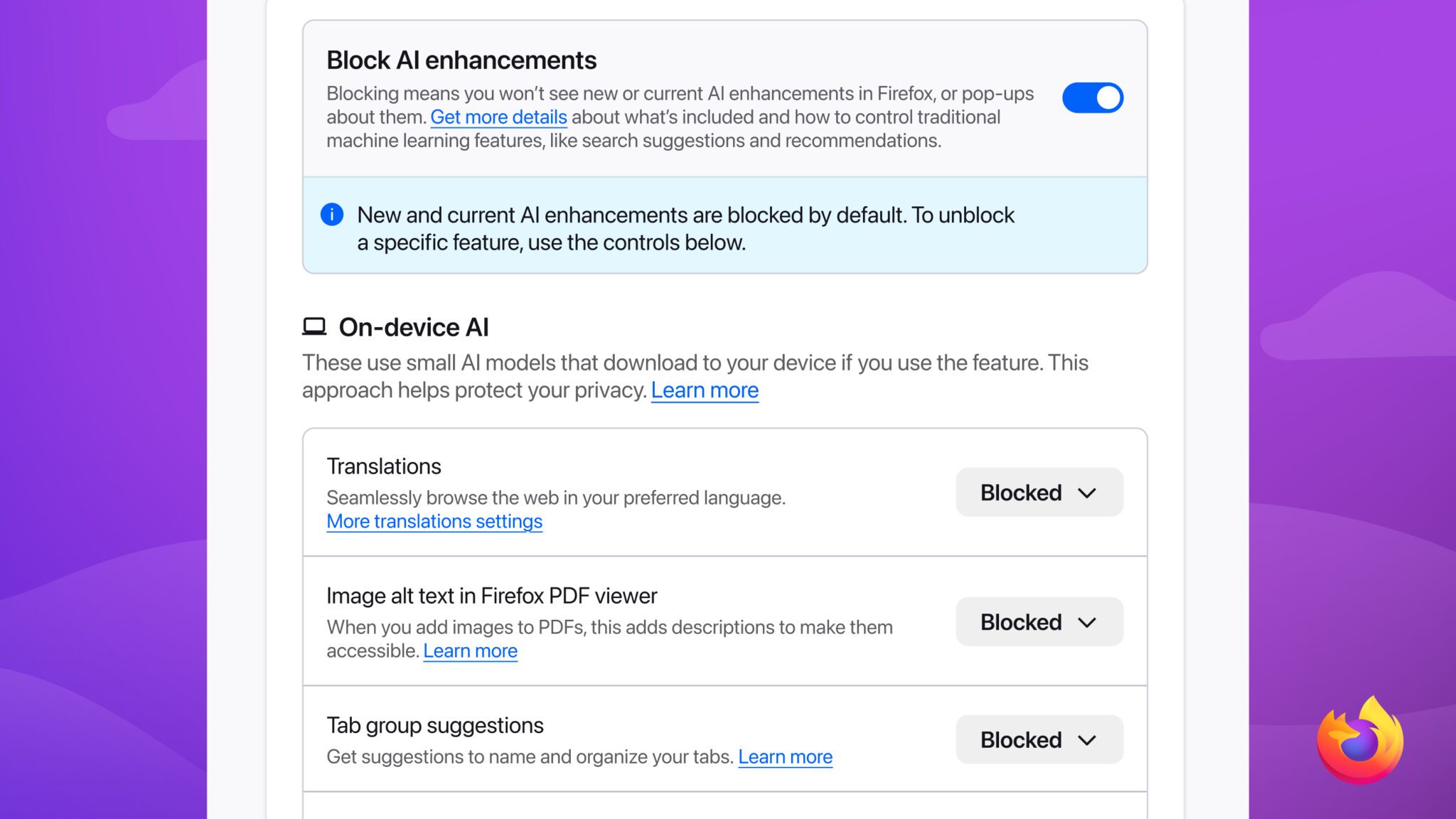 Fonctionnalités améliorées de blocage de l'IA dans les contrôles Firefox-AI