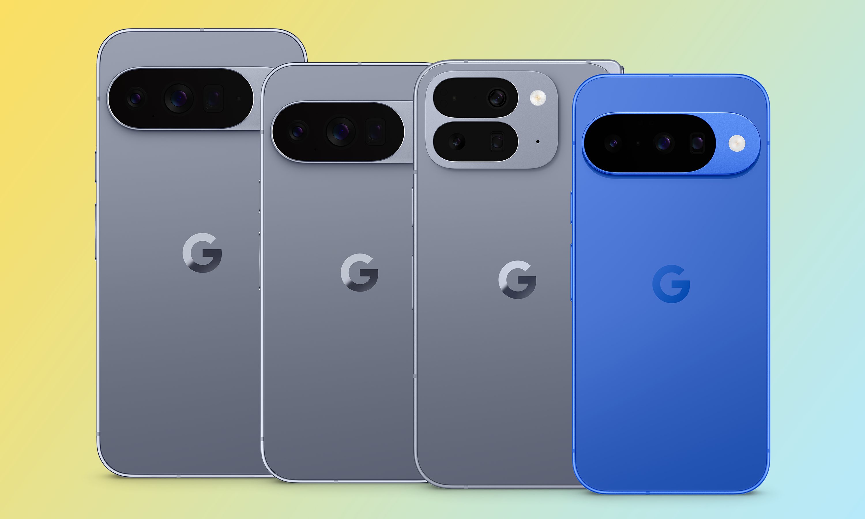 Une vue de l'arrière des quatre nouveaux téléphones Pixel 10 de Google