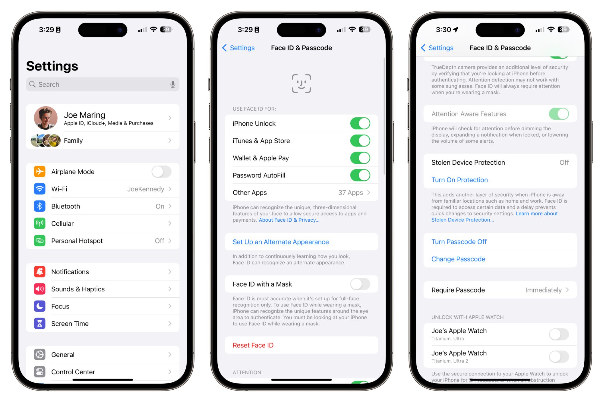 Captures d'écran de la fonctionnalité de protection des appareils volés d'iOS 17.3 sur un iPhone.