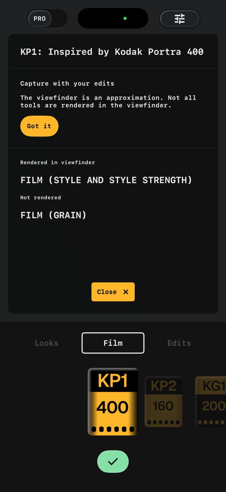 Capture d'écran iOS de la caméra Snapseed.