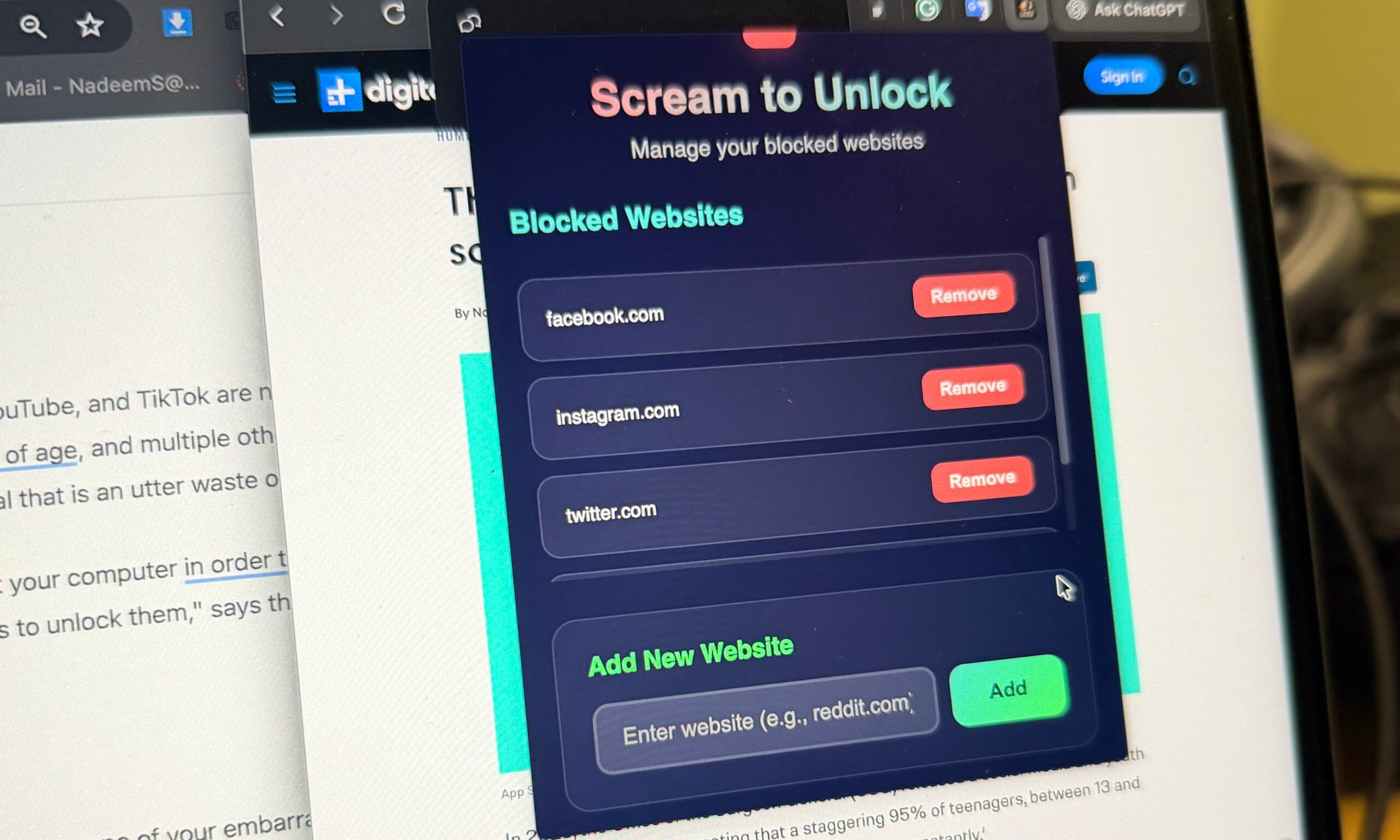 Vue de l'extension Chrome hurlante.