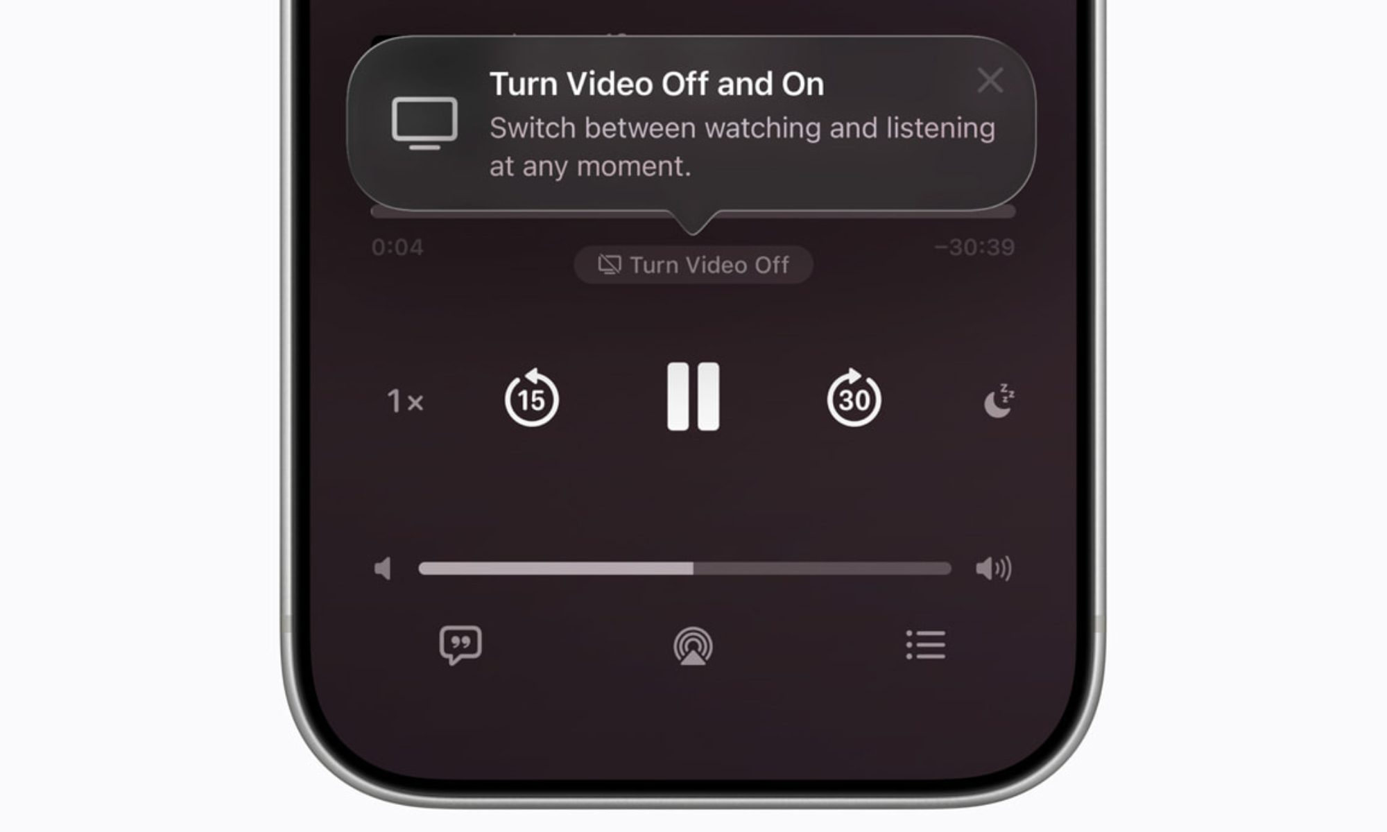Nouveau commutateur audio:vidéo dans Apple Podcasts.
