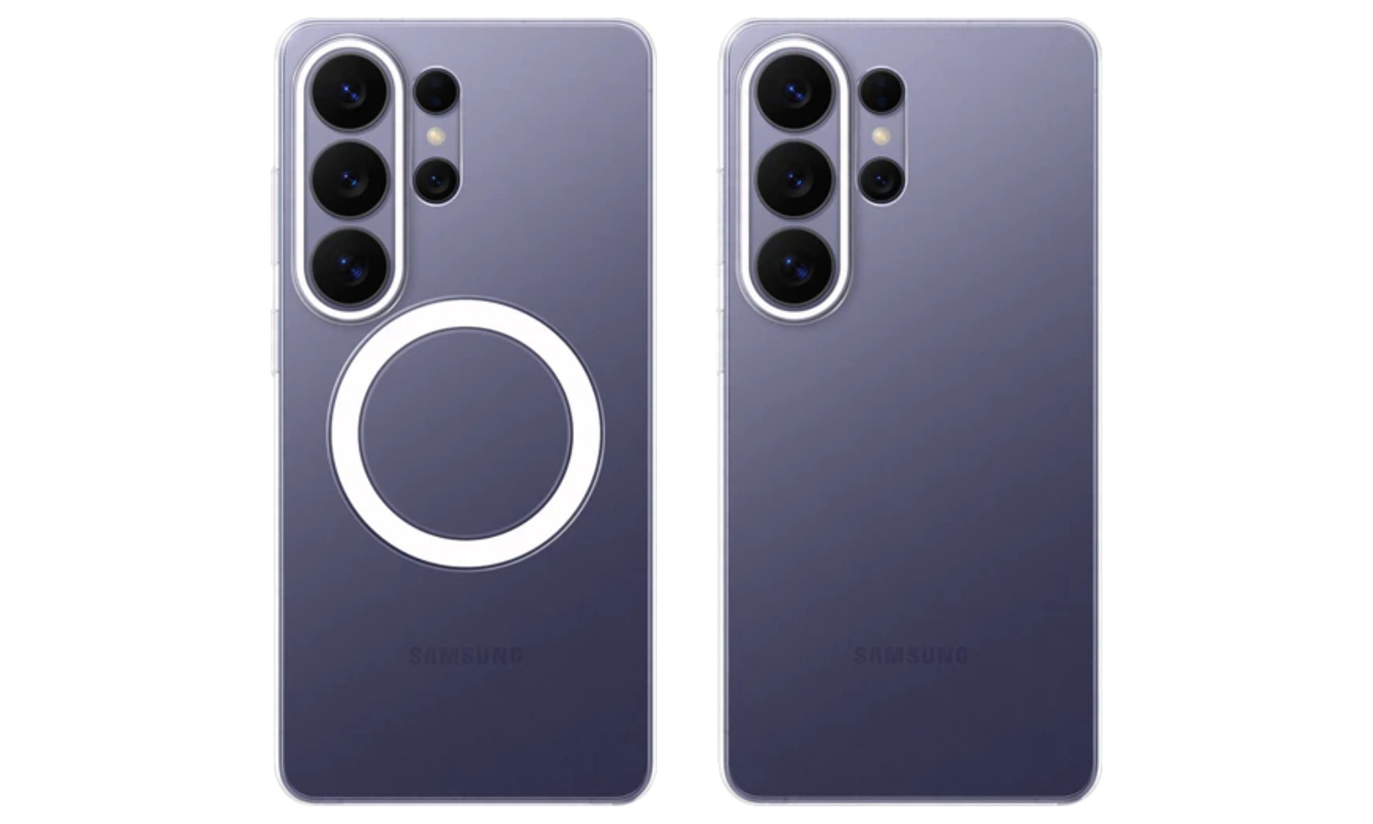 Galaxy S26 Ultra avec étuis de chargement magnétiques et non magnétiques.