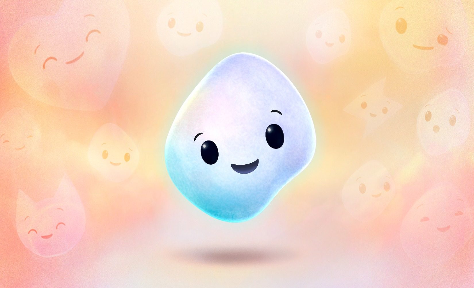 Copilote Apparence visage avec un sourire sur fond rose nuageux.