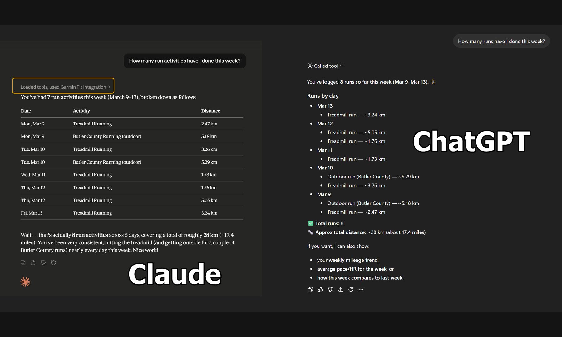 Garmin Chat Connector en action avec Claude et ChatGPT