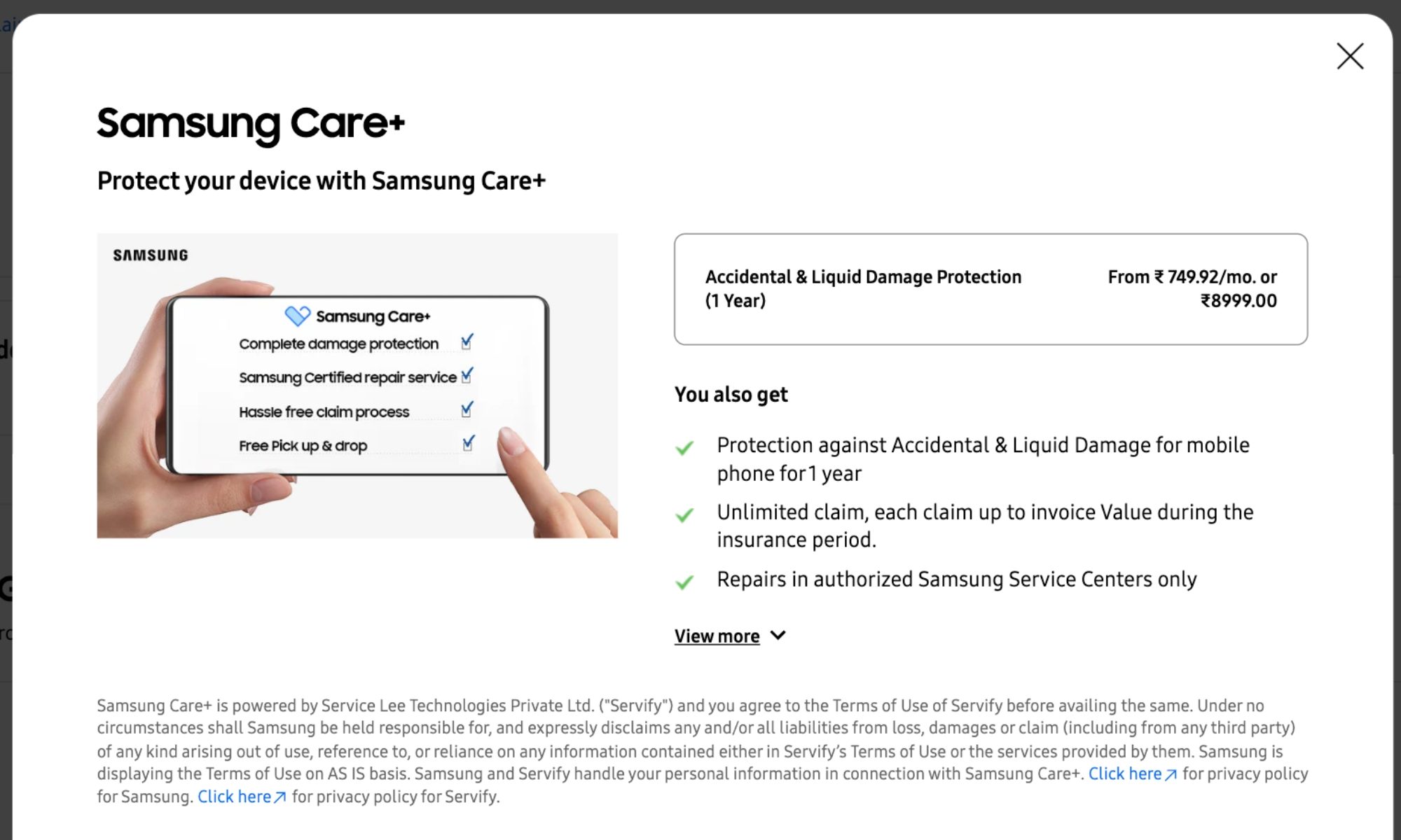 Prix ​​Samsung Care+ en Inde.