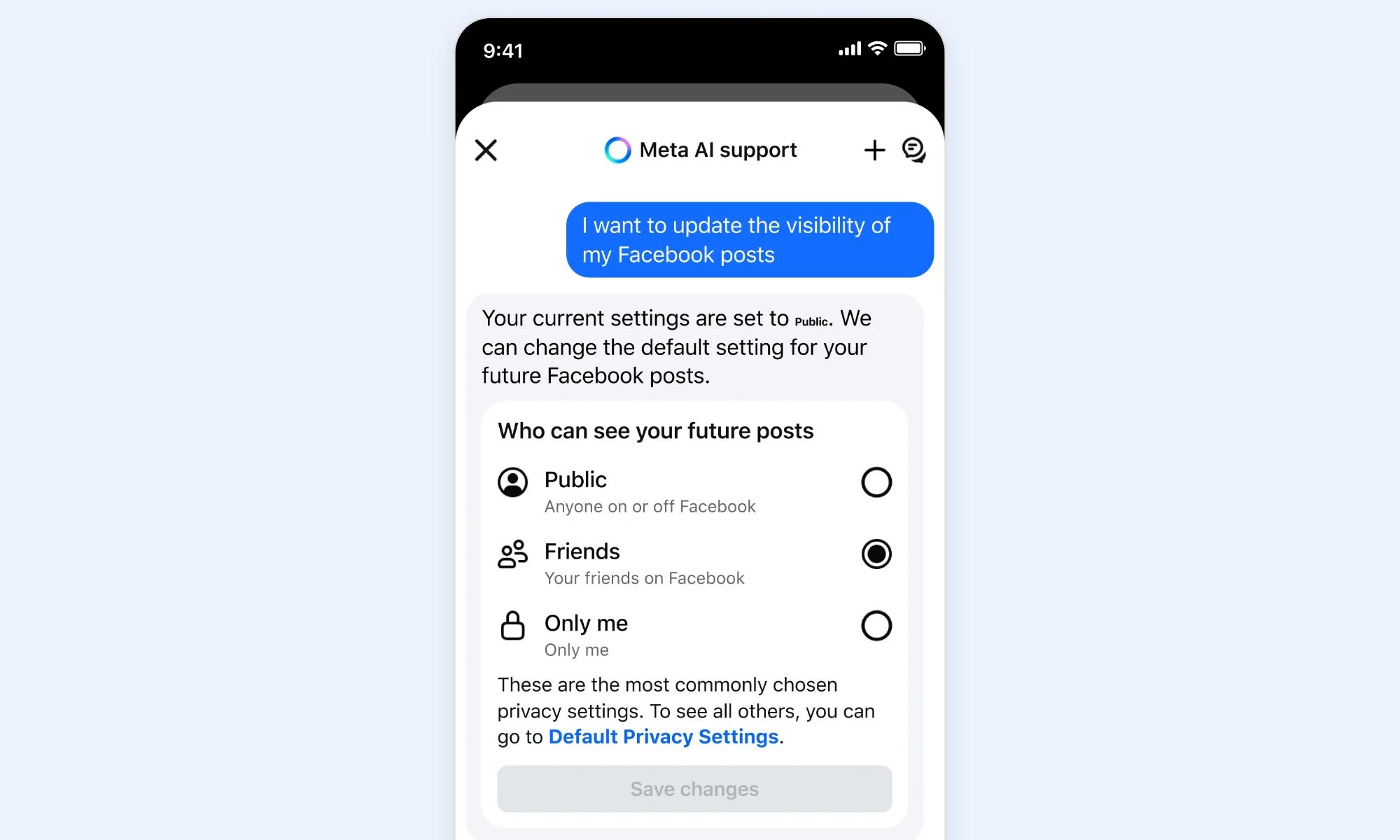 Prise en charge de Meta AI aidant à modifier les paramètres de visibilité des publications